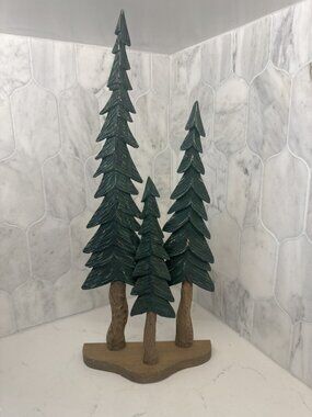 Hand Carved Wood 3 Pine Trees on Base 20in Folk Art Christmas Evergreen Cabin